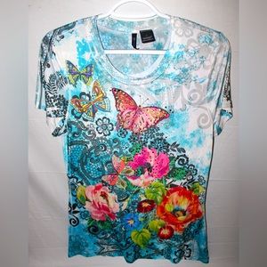Women’s New Directions Shirt Top Colorful Butterfly Embroidered Size Large